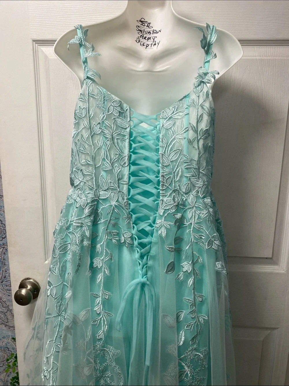 Aqua Floral Appliqué Tulle Gown